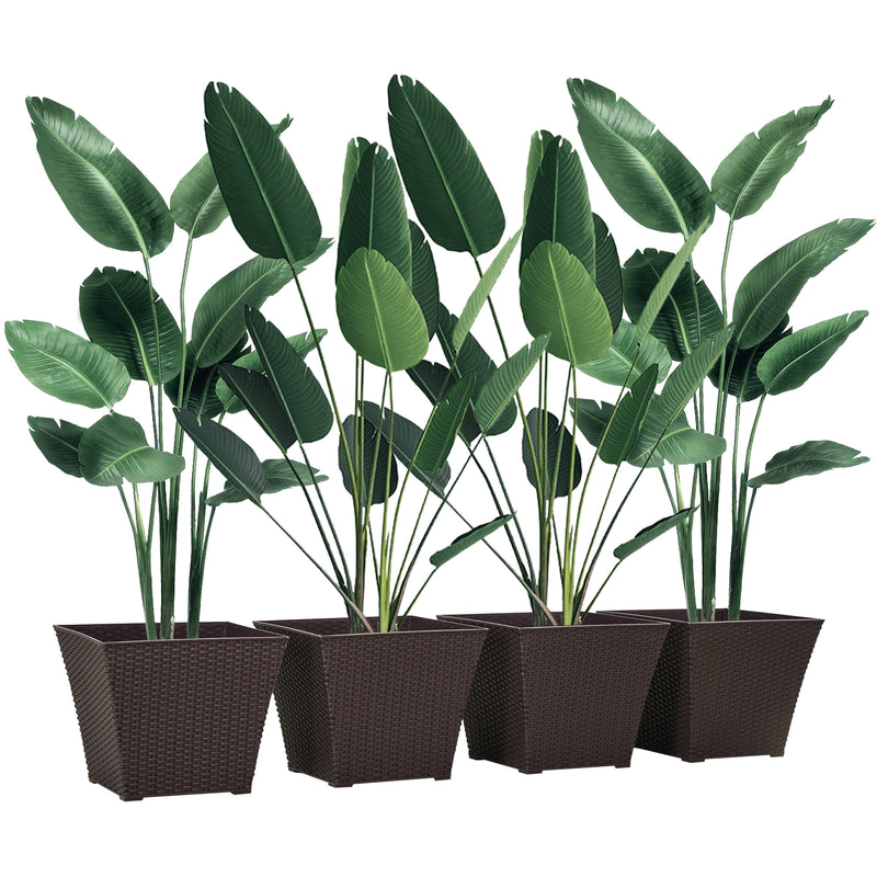 Outsunny 4-pack Plant Pots Rattan Effect, Flower Pot Stackable, Indoor/ Outdoor