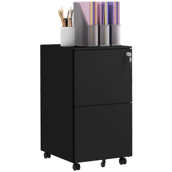Vinsetto Black 2-Drawer Vertical Filing Cabinet with Lock, Steel Mobile File Cabinet with Adjustable Hanging Bar for A4, Legal and Letter Size