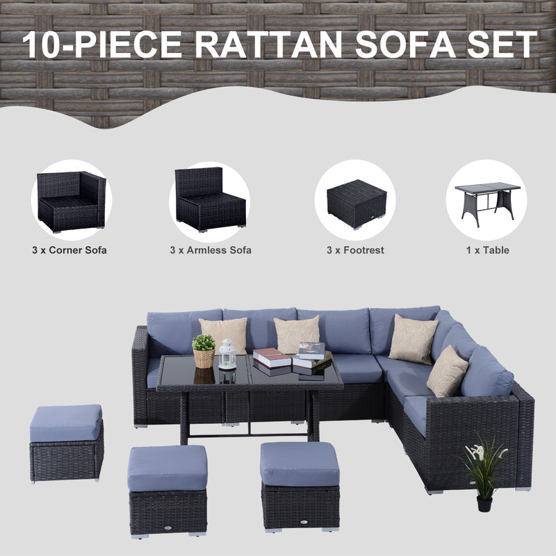 Outsunny 9-Seater Garden Rattan Furniture 10 Pcs Rattan Corner Dining Sofa Set, Grey/Dusty Blue Cushion