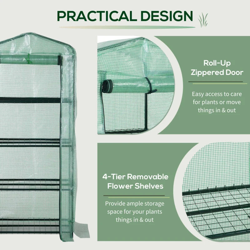 Outsunny 4 Tier Mini Greenhouse, Portable Green House with Steel Frame, PE Cover, Roll-up Door