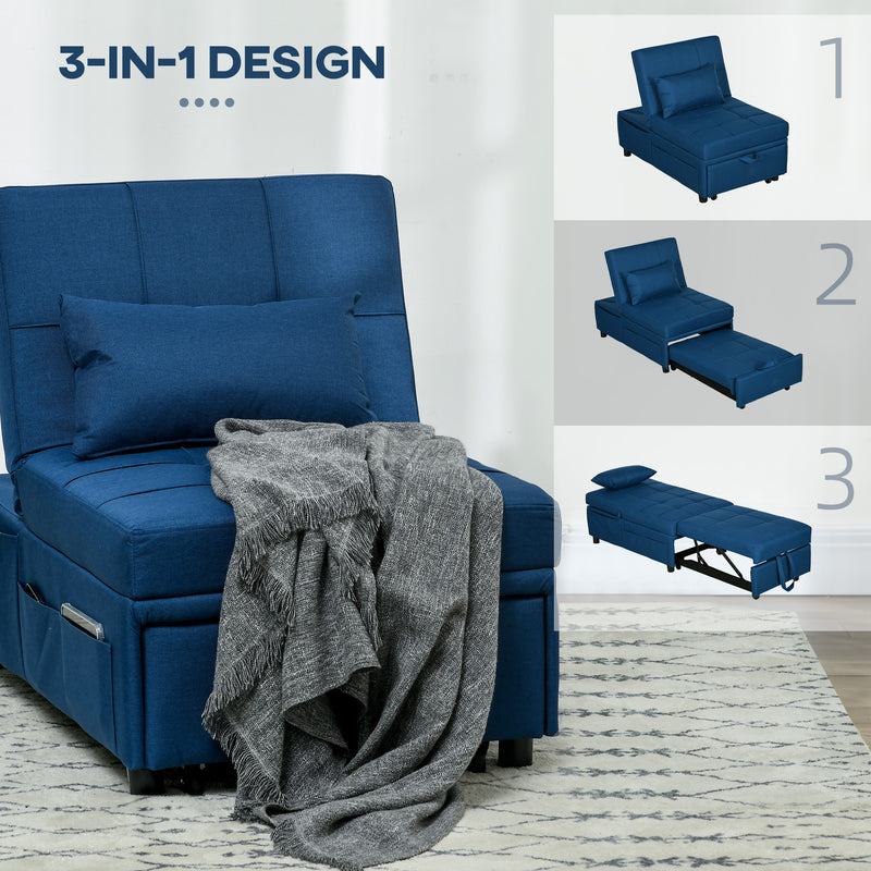 HOMCOM Folding Sofa Bed Adjustable Single Sleeper W/ Pillow Side Pocket, Blue