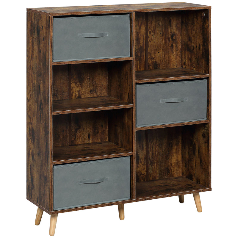 HOMCOM 7 Cube Storage Cabinet Shelving Unit with 3 Fabric Drawers Rustic Brown