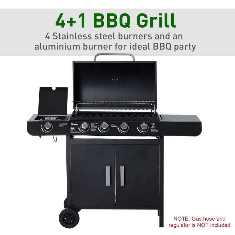 Outsunny 4+1 Gas Burner Grill BBQ Trolley Backyard Garden Smoker Side Burner Barbecue w/ Storage Side Table Wheels