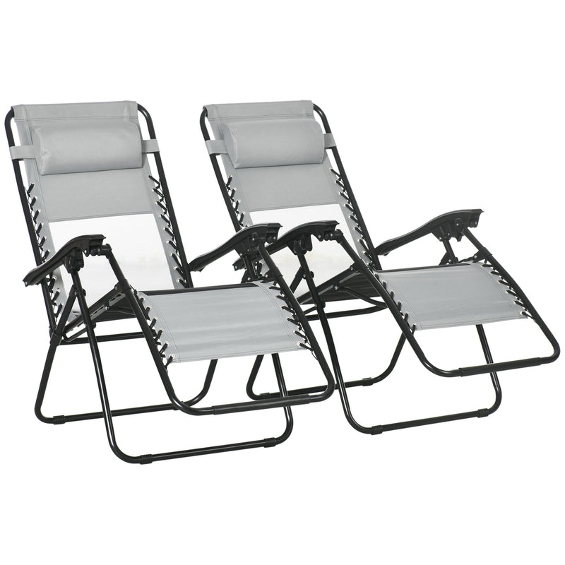 Outsunny Foldable Garden Recliner Chair Set of 2 w/ Footstool & Headrest, Grey
