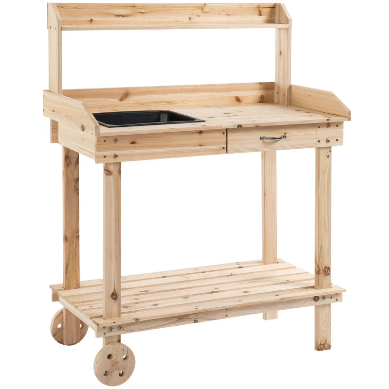 Outsunny Wooden Potting Bench Work Table with 2 Removable Wheels, Sink, Drawer & Large Storage Spaces, 92x45x119cm