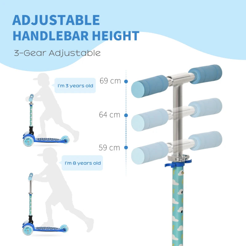 HOMCOM Childrens Foldable 3 Wheel Scooter with Flashing Lights - Blue