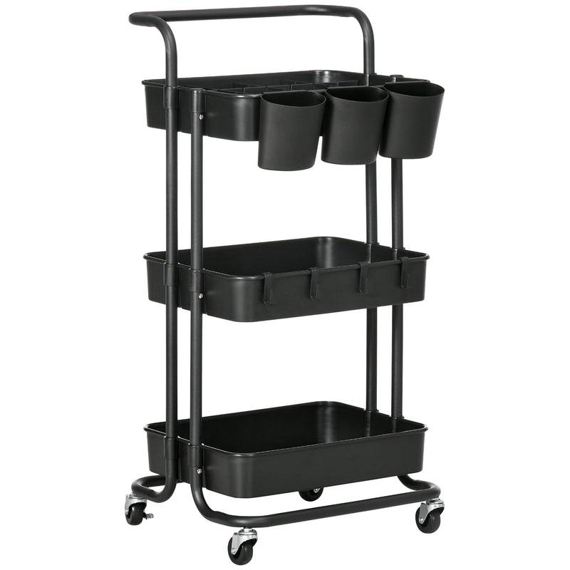 HOMCOM 3-Tier Utility Cart, Rolling Serving Trolley with Baskets and Hooks