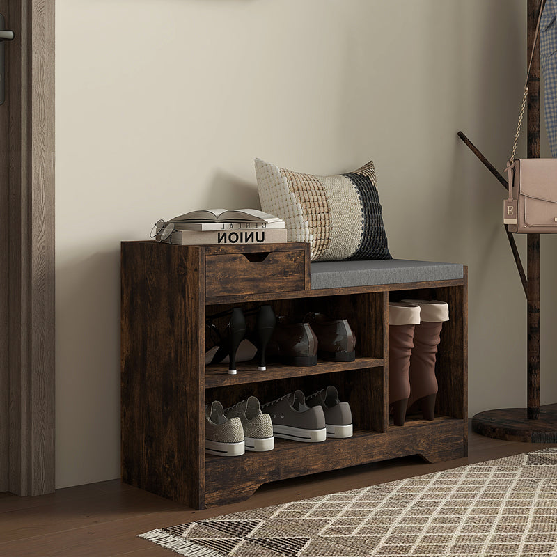 HOMCOM Upholstered Entryway Shoe Bench with Storage Drawer Open Shelf Brown