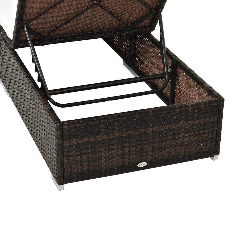 Outsunny PE Rattan Sun Lounger with Cushion, Outdoor Garden Sunbed Furniture with 5-Level Recliner Backrest, and Armrest, Brown
