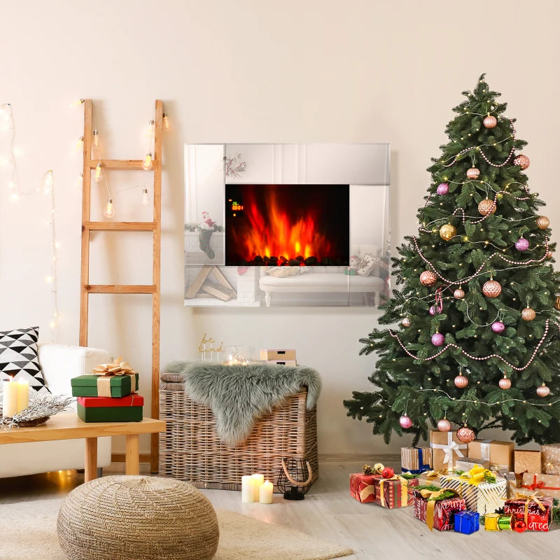 HOMCOM Electric Fireplace Heater 1800W Wall Mounted Flame Effect 7 Coloured LED Light Fire Glass Screen W/ Pebble & Remote Control