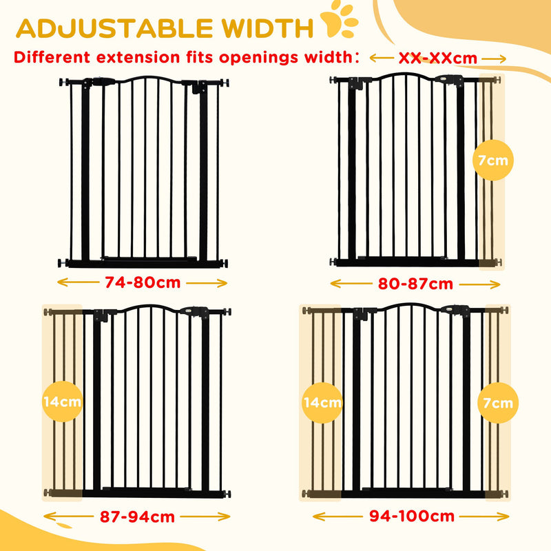 PawHut 74-100cm Adjustable Metal Pet Gate Safety Barrier w/Auto-Close Door Black