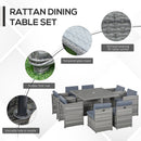 Outsunny 9 Pieces PE Rattan Cube Garden Furniture Set with Cushions, Outdoor Dining Table Set with 4 Armchair, 4 Single Seat, and Glass Top Table w/ Umbrella Hole, Mixed Grey