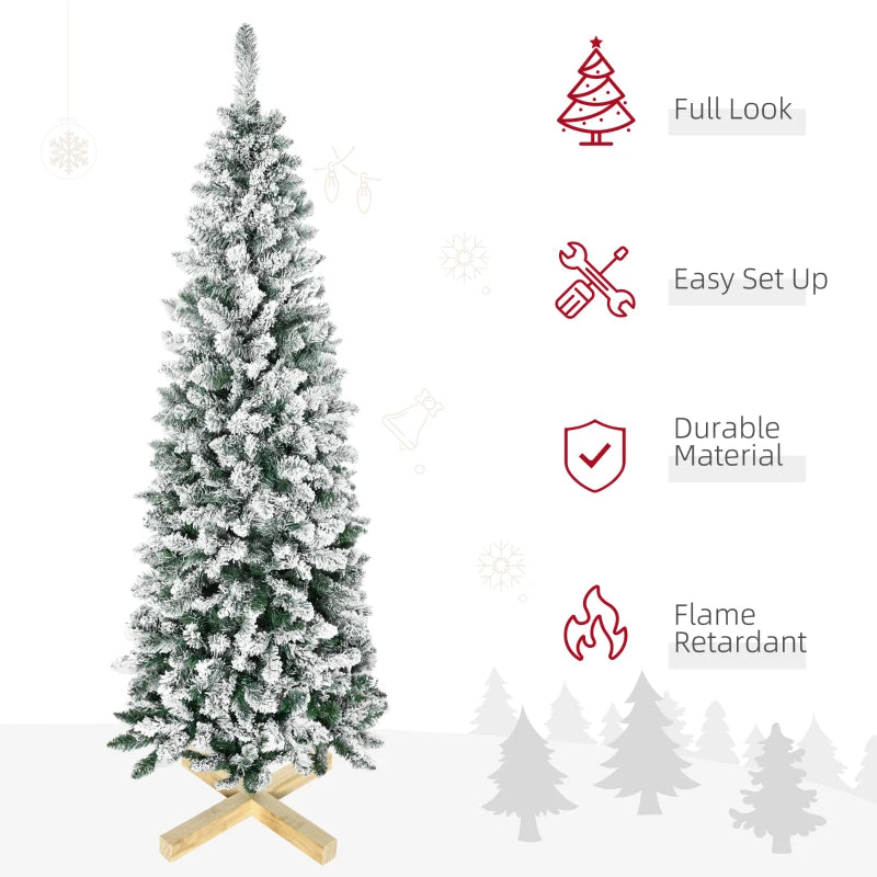 HOMCOM Christmas Tree Snow Flocked Slim 6' with Pinewood Base