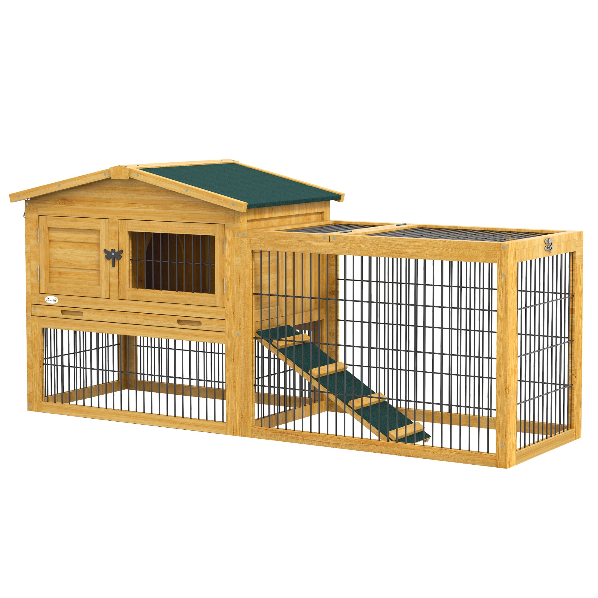 Pawhut Wooden Rabbit Hutch with Run, Asphalt Roof, Pull-Out Tray, Ramp
