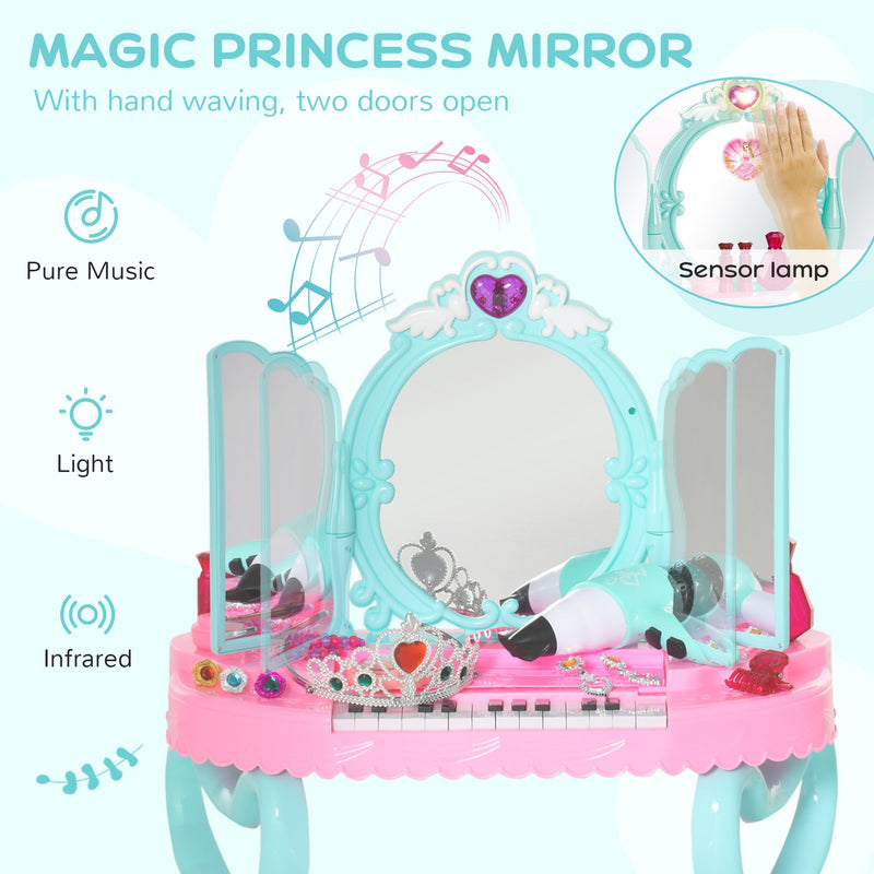 HOMCOM Children's 32 Pcs Magic Light-Up Princess Dressing Table & Stool