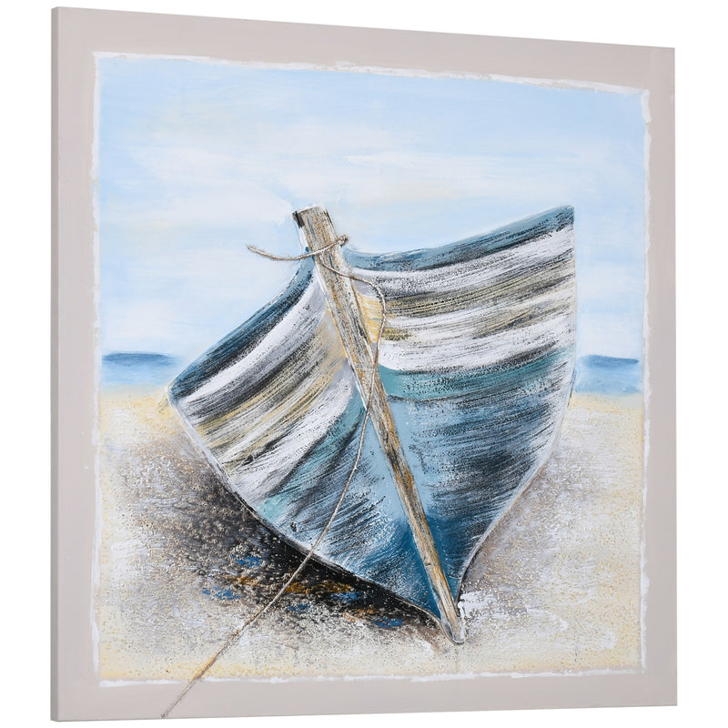 HOMCOM Hand-Painted Wall Art, Canvas Painting Artwork Beach Boat, 90 x 90 cm