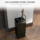 HOMCOM Metal Umbrella Stand, Square Umbrella Basket with 4 Hooks and Drip Tray