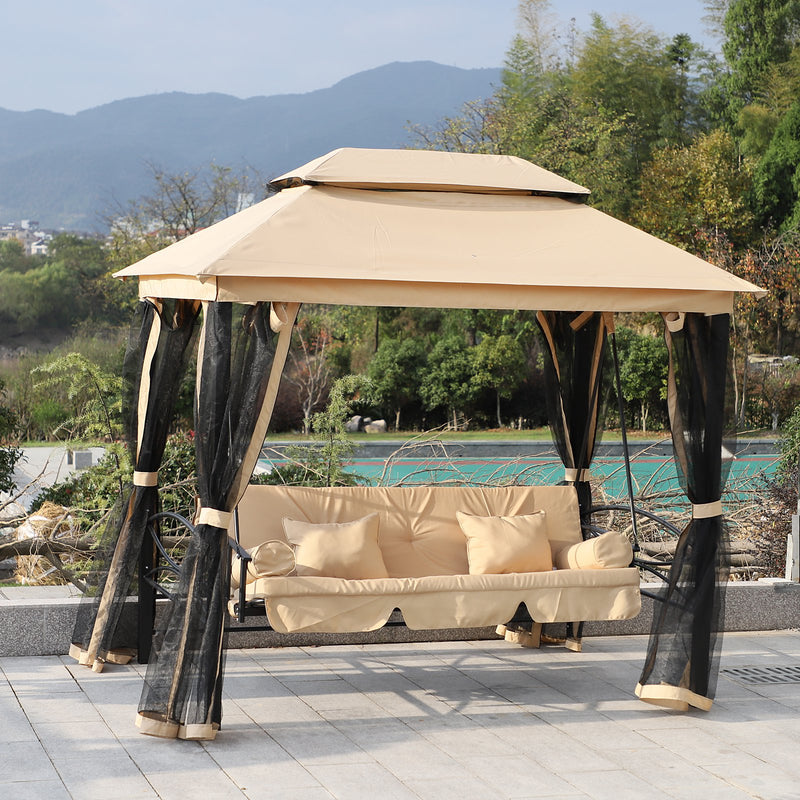 Outsunny 3 Seater Swing Chair 3-in-1 Convertible Garden Swing Seat Bed Gazebo Patio Bench Outdoor with Double Tier Canopy, Cushioned Seat, Mesh Sidewalls, Beige