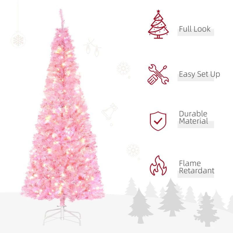 HOMCOM Christmas Tree Slim Pink 6' with 300 Warm White LED Lights