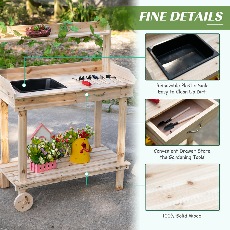 Outsunny Wooden Potting Bench Work Table with 2 Removable Wheels, Sink, Drawer & Large Storage Spaces, 92x45x119cm