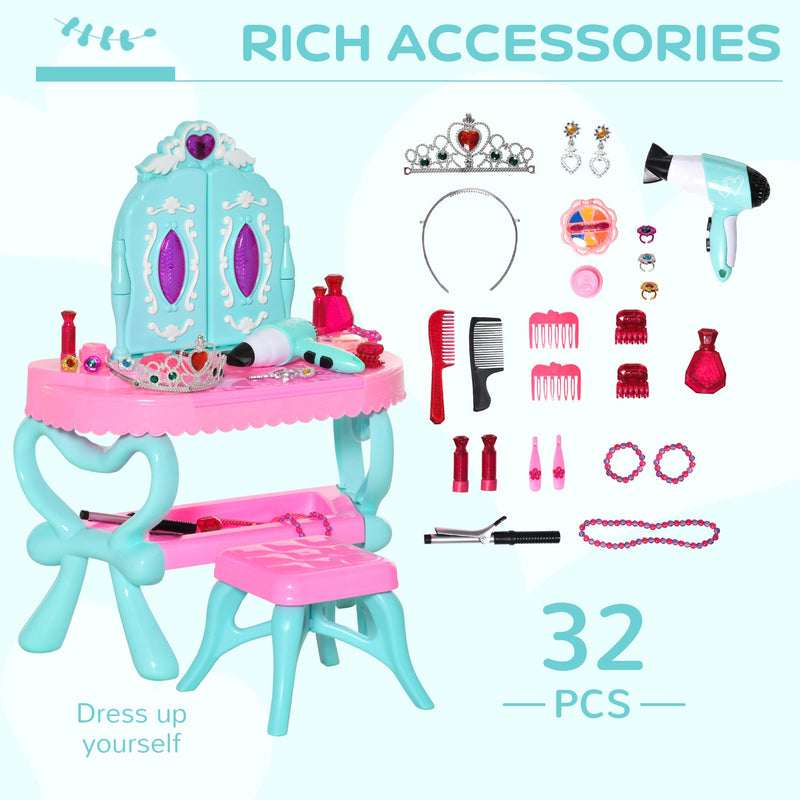HOMCOM Children's 32 Pcs Magic Light-Up Princess Dressing Table & Stool