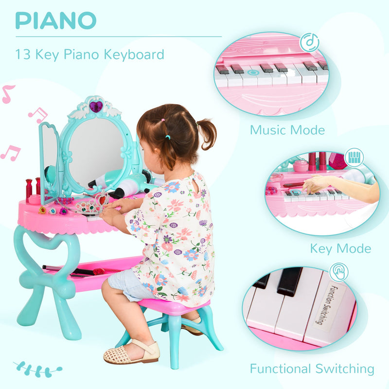 HOMCOM Children's 32 Pcs Magic Light-Up Princess Dressing Table & Stool
