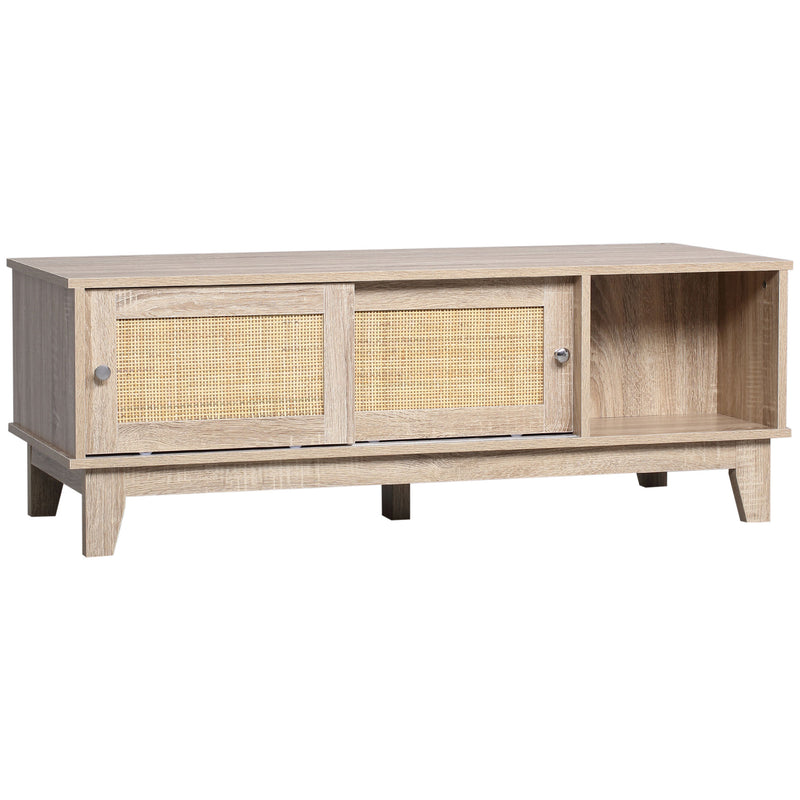 HOMCOM Coffee Table with Storage, Tea Table with Sliding Doors & Natural Rattan