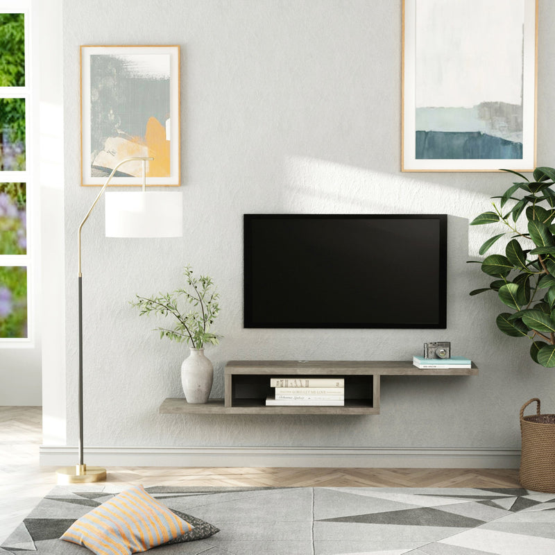 HOMCOM Floating TV Unit, Wall Mounted TV Stand With Open Shelf And 2 Cable Holes, Entertainment Unit For Living Room, Grey