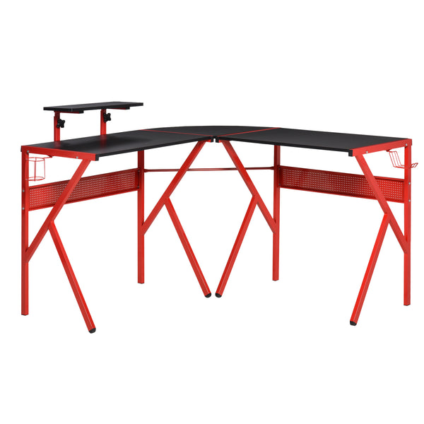 HOMCOM Gaming Desk L-Shaped Corner Computer Table for Home Office PC Workstations with Adjustable Monitor Stand Cup Holder Headphone Hook 125x125x75cm, Red