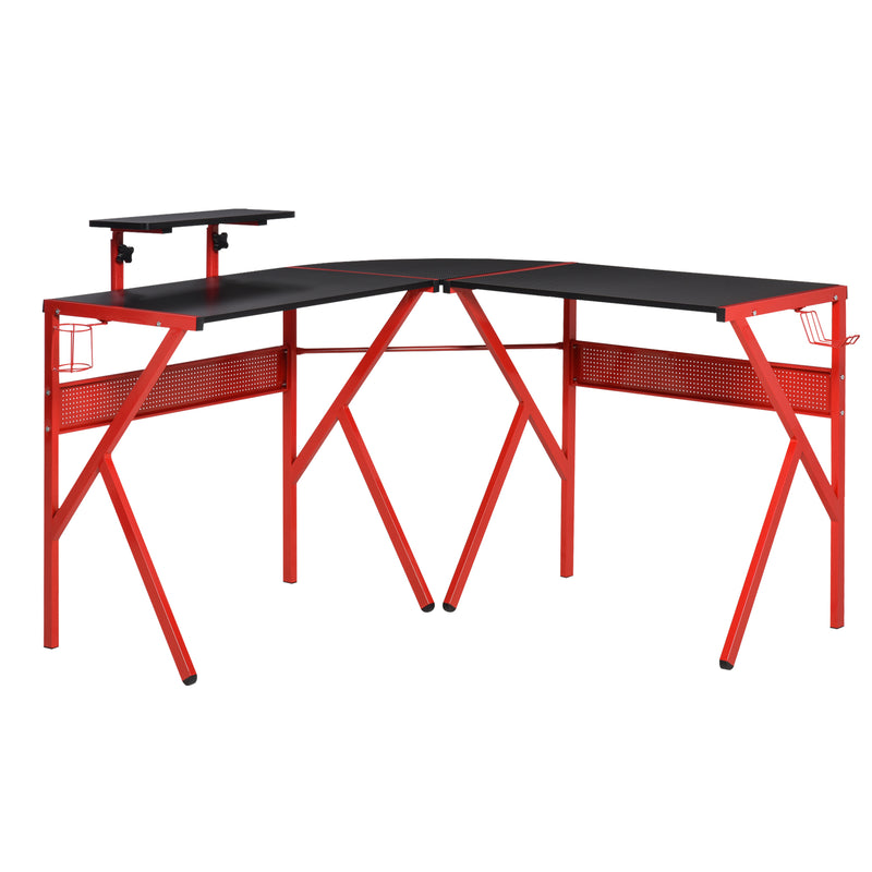 HOMCOM Gaming Desk L-Shaped Corner Computer Table for Home Office PC Workstations with Adjustable Monitor Stand Cup Holder Headphone Hook 125x125x75cm, Red