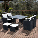 Outsunny 9 Pieces PE Rattan Cube Garden Furniture Set with Cushions, Outdoor Dining Table Set with 4 Armchair, 4 Stool, and Square Glass Top Table, Black