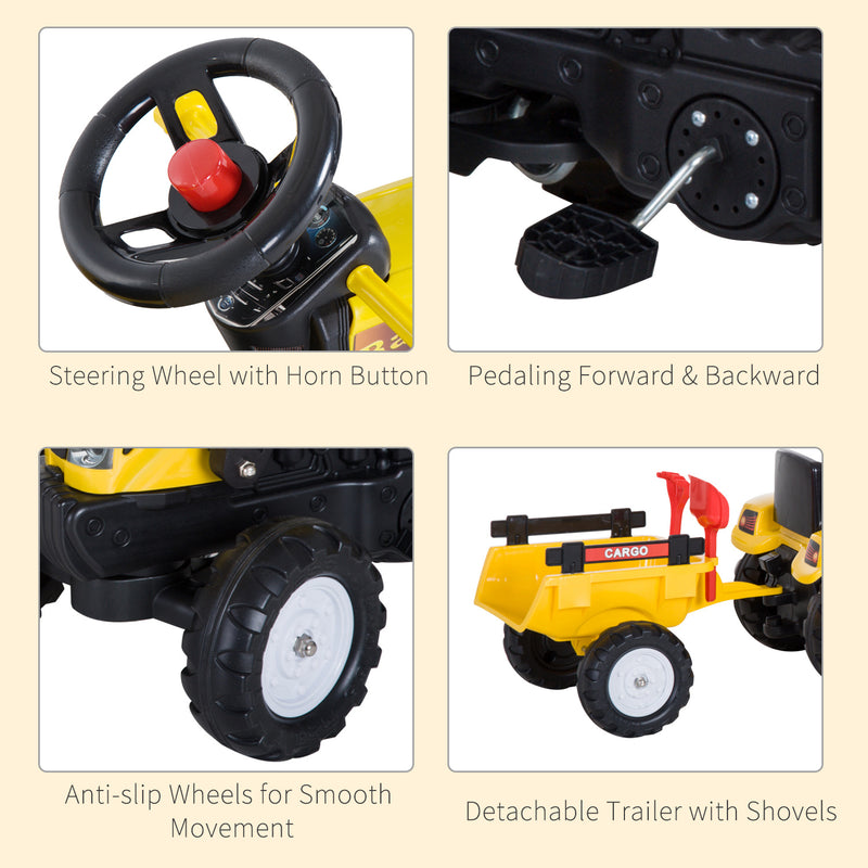 HOMCOM Kids Excavator with Pedals and Trailer - Yellow