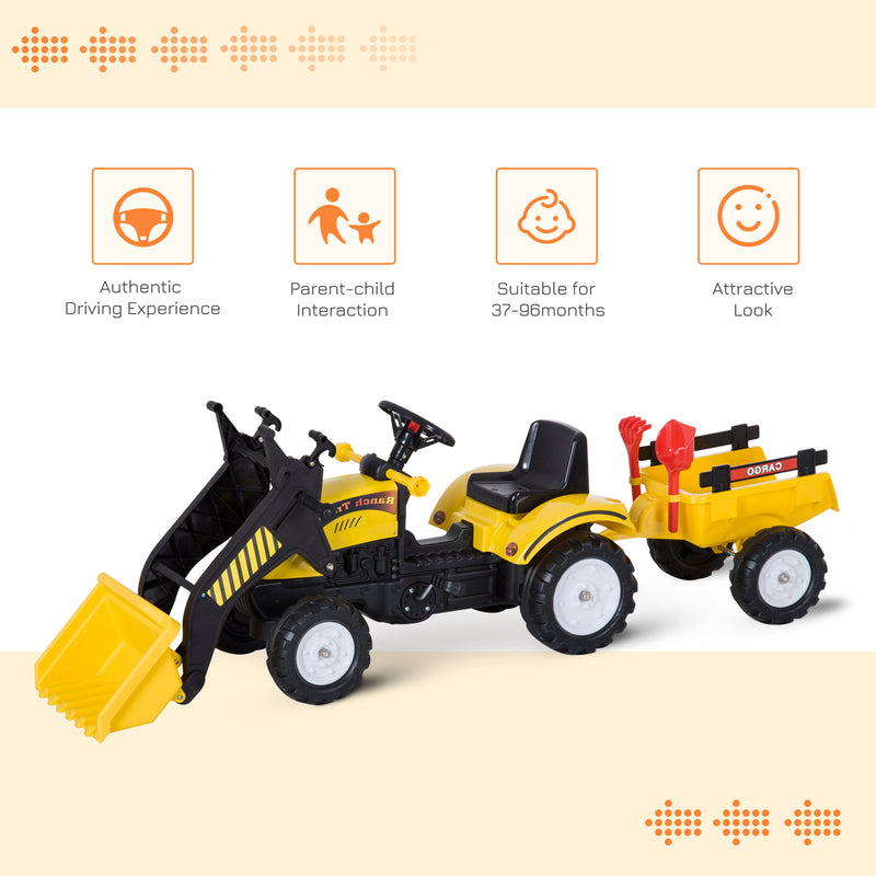 HOMCOM Kids Excavator with Pedals and Trailer - Yellow
