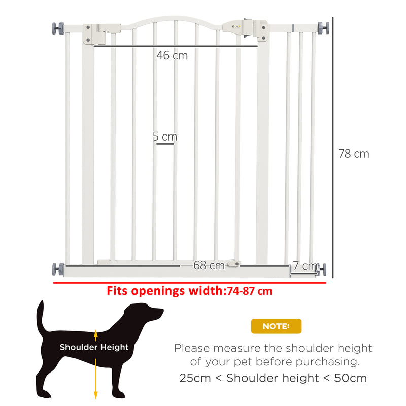 PawHut 74-87cm Adjustable Metal Pet Gate Safety Barrier w/ Auto-Close White