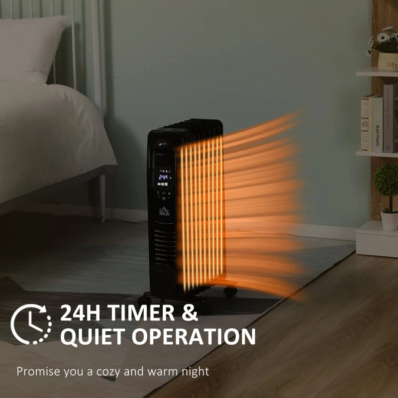 HOMCOM 1630W Black Oil Filled Radiator, 7 Fin Portable Heater w/ Timer Remote Control