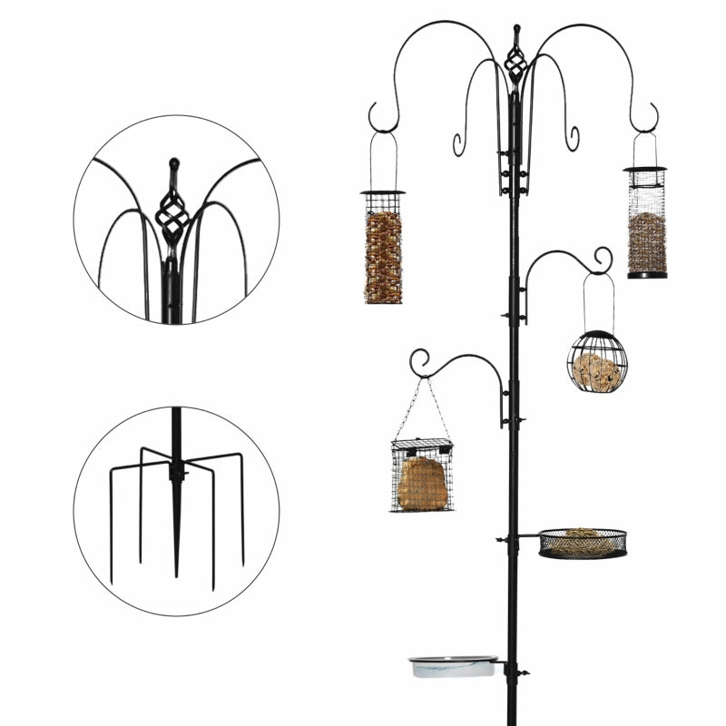 PawHut Bird Feeding Station Kit Wild Bird Feeder Pole w/ 6 Hooks 4 Hanging Feeders