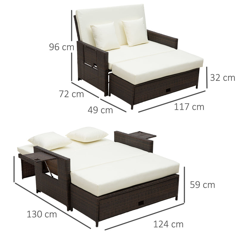 Outsunny Rattan Sun Lounger 2 Seater Day Bed-Brown
