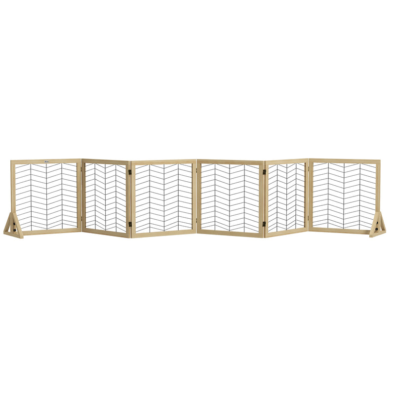 PawHut 6 Panels Freestanding Dog Barrier for S and M Dogs - Natural Wood