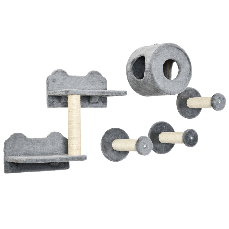 PawHut 5Pcs Cat Wall Furniture with Perch, Cat Condo, Scratching Post - Grey